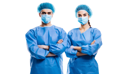 Surgeons team, uniform, arms crossed, isolated on transparent.