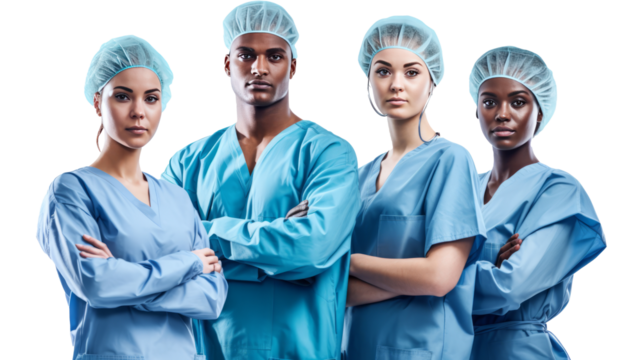 Surgeons team, uniform, arms crossed, isolated on transparent.