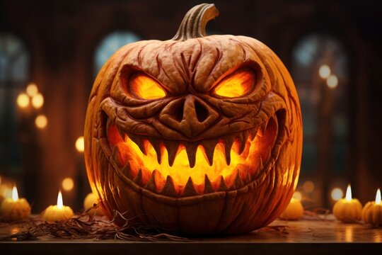 An image of a pumpkin with a glowing light inside. It has a terrifying face, with carved eyes, teeth, and a nose