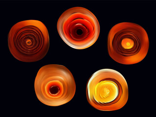 Molten glass. Fiery, liquid plasma, lava, orange substance. Gemstone, liquid shape in space. Magic light energy, power, wave texture. Hot glass form, fused iron. Vector illustration 3d.