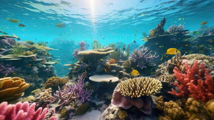 Fototapeta na wymiar Underwater world of the sea and ocean depths. Corals and fish of various shapes and colors