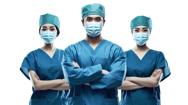 Asian Surgeons team, uniform, arms crossed, isolated on transparent background