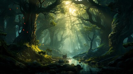 A dense and mysterious forest, with sunlight filtering through the ancient trees.
