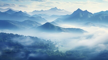 A dense mist rolling over mountains, their peaks just visible through the haze.