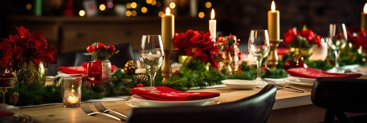 Beautiful festive table setting with candles and fir tree, panoramic - Powered by Adobe