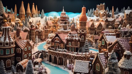 A festive gingerbread village, intricately decorated with candy and icing.