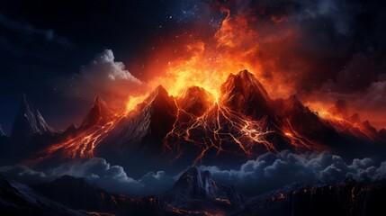 A fiery volcano erupting against a starlit night, magma glowing intensely.