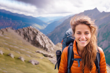 Naklejka na ściany i meble Nature lover woman smiling in jacket and backpack hiking up mountain