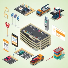 Fototapeten parking lots facilities isometric icons set with multilevel garage pass ticket tow truck isolated © enggar