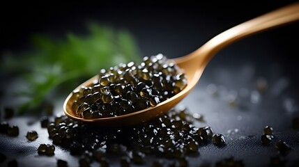 Black Caviar in a spoon on dark background. High quality real natural sturgeon black caviar close-up. Delicatessen. Texture of expensive luxury caviar. Food Backdrop - obrazy, fototapety, plakaty