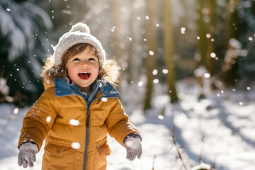 child playing in the snow, smiling and laughing