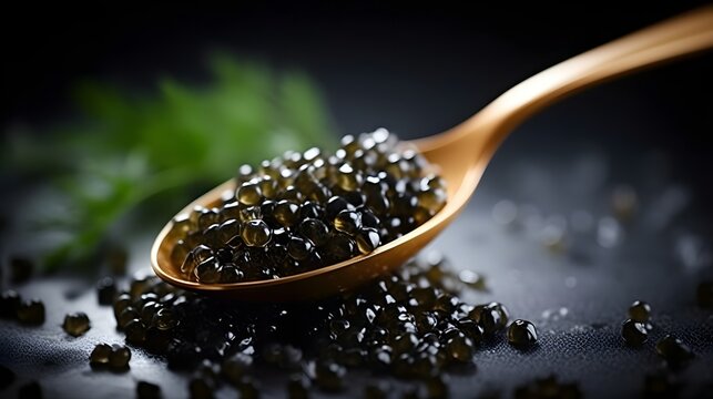 Black Caviar in a spoon on dark background. High quality real natural sturgeon black caviar close-up. Delicatessen. Texture of expensive luxury caviar. Food Backdrop