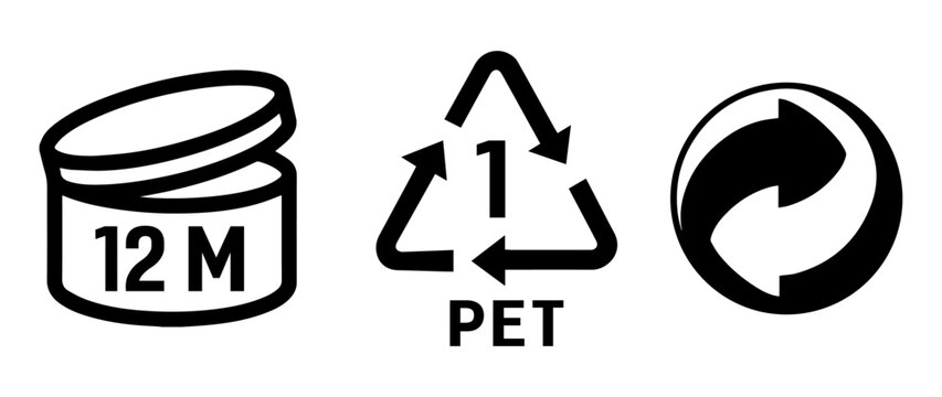 Period after opening symbol 12M and Plastic recycle symbol PET 1 icon, Green point symbol. 