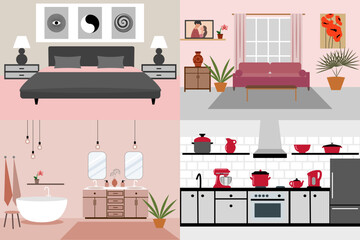House or apartment room interiors: living roo, bedroom, kitchen, and bathroom