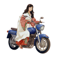 Asian girl in hanbok dress ride motorcycle