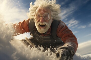 Happy senior with white hair and a beard, speeding down a snowy mountain slope on a sunny day. The sunlit snow spreads around him under the clear blue sky. - obrazy, fototapety, plakaty