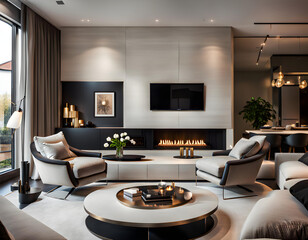 Luxurious, modern and stylish living room with fireplace and TV.
