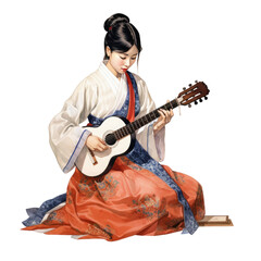 Asian girl in hanbok dress play guitar