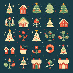 Set of Vector Christmas Icons. Gift, Pine, Ball, Santa, Candle, Gingerbread Man, Candy, Bell