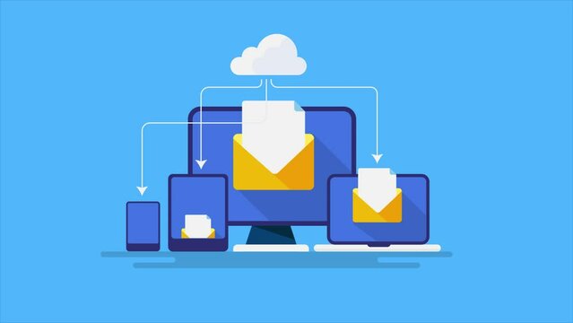 Cloud computing technology integrated with email account setup for multiple device. Secure data sync information cyberspace concept. Video animation.