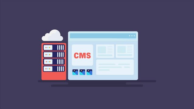 Cloud web hosting and cms software integrated with online business website, managing and publishing content online, digital strategy video animation concept.