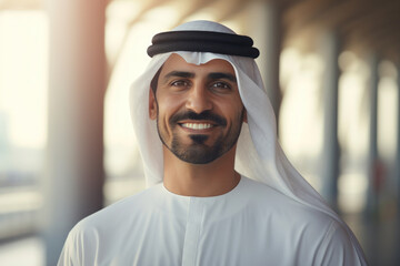 A smiling Arabian man wearing traditional clothing