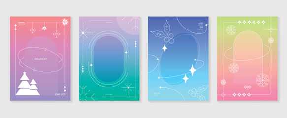 Merry christmas concept posters set. Cute gradient holographic background vector with vibrant color, snowflakes, holly, pine. Art trendy wallpaper design for social media, card, banner, flyer. - obrazy, fototapety, plakaty