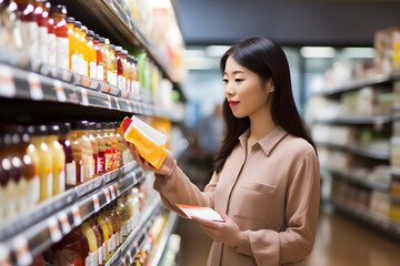 young adult Asian woman choosing a product in a grocery store. Neural network generated image. Not based on any actual person or scene.