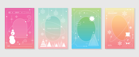 Merry christmas concept posters set. Cute gradient holographic background vector with pastel color, snowflakes, snowman, candy cane. Art trendy wallpaper design for social media, card, banner, flyer.