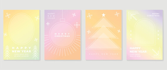 Merry christmas concept posters set. Cute gradient holographic background vector with pastel color, snowflakes, pine, ball, star. Art trendy wallpaper design for social media, card, banner, flyer.