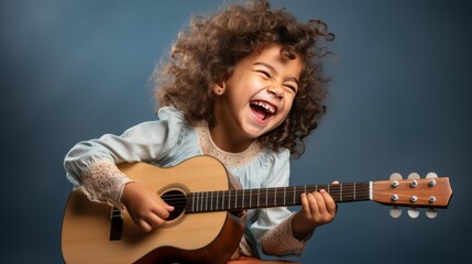 Obraz premium A joyful child playing guitar is isolated on a clean studio background with copy space. Creative banner for children's music school