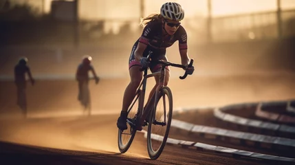 Foto op Canvas Beautiful young woman in sportswear cycling on the track. © almeera