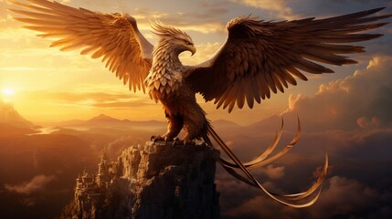 A phoenix-like bird, bathed in the golden light of dawn, perched atop a cliff.