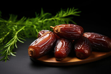 Ripe appetizing dates with green leaves