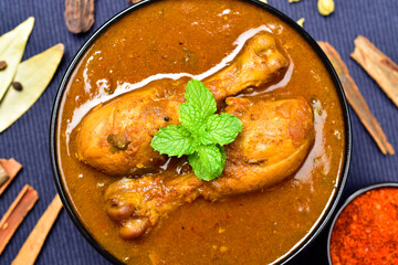 Closeup of spicy chicken curry bowl