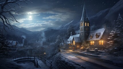 A quaint village church, its steeple illuminated against the snowy landscape. - obrazy, fototapety, plakaty