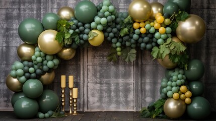 stunning autumn arch decor with green, brown, and golden balloons, ideal for weddings, baptisms, and birthday parties – photo wall decoration and celebration space