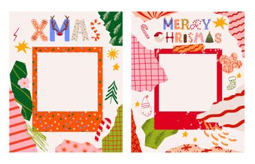 Collection of greeting Christmas photo collage. Holidays greeting card. Editable vector illustration.
