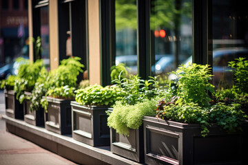 Flower filled window boxes. Closeup of green perennial plants in window planters boxes adorning city building. Urban gardening landscaping design - obrazy, fototapety, plakaty