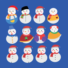 set of cartoon snowman on winter season isolated on background. christmas, winter