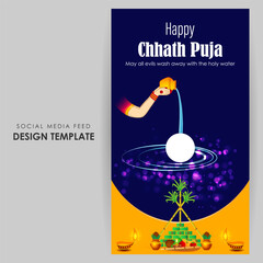Vector illustration of Happy Chhath Puja social media feed template - obrazy, fototapety, plakaty