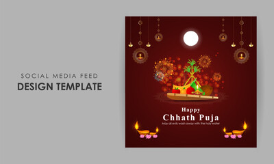 Naklejka premium Vector illustration of Happy Chhath Puja social media feed template