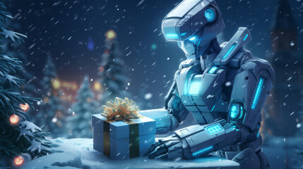 Futuristic robot sits under the Christmas tree and opens presents lit up in the snow at night. New year giving atmosphere - obrazy, fototapety, plakaty