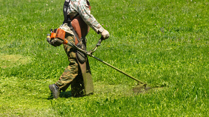 A man mows green grass with a petrol trimmer