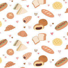 色々なかわいいパンのイラストのシームレスパターン