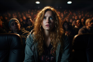 Upset sad teenage woman in a cinema watching a melodrama film, cinema entertainment - obrazy, fototapety, plakaty