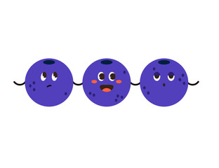 Three blueberry character. Cute comic berries smiling, desperate face emotion. Vector illustration