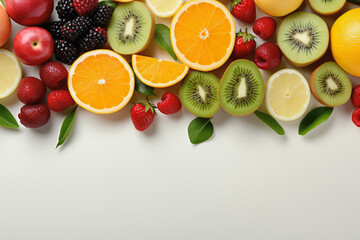 Top view of fruits on white background, Generative AI.