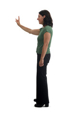 side view of a woman showing the horns sign with fingers on white background