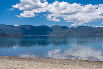 The reflection of blue sky and white clouds on the water surface of Lugu Lake in China